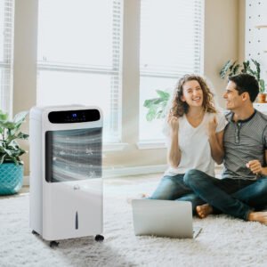 32" Evaporative Air Cooler with 3.2 Gal Water Tank, 60° Oscillating, 3-In-1 Ice Cooling Fan, Portable Swamp Cooler with Humidifier for Home Office, 3 Modes, 3 Speeds, 12H Timer, Remote, White